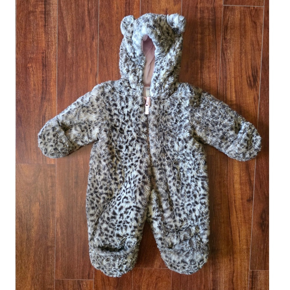 Carters Baby Girl Leopard Print Faux Fur Hooded Pram Suit Bunting 3-6 Months